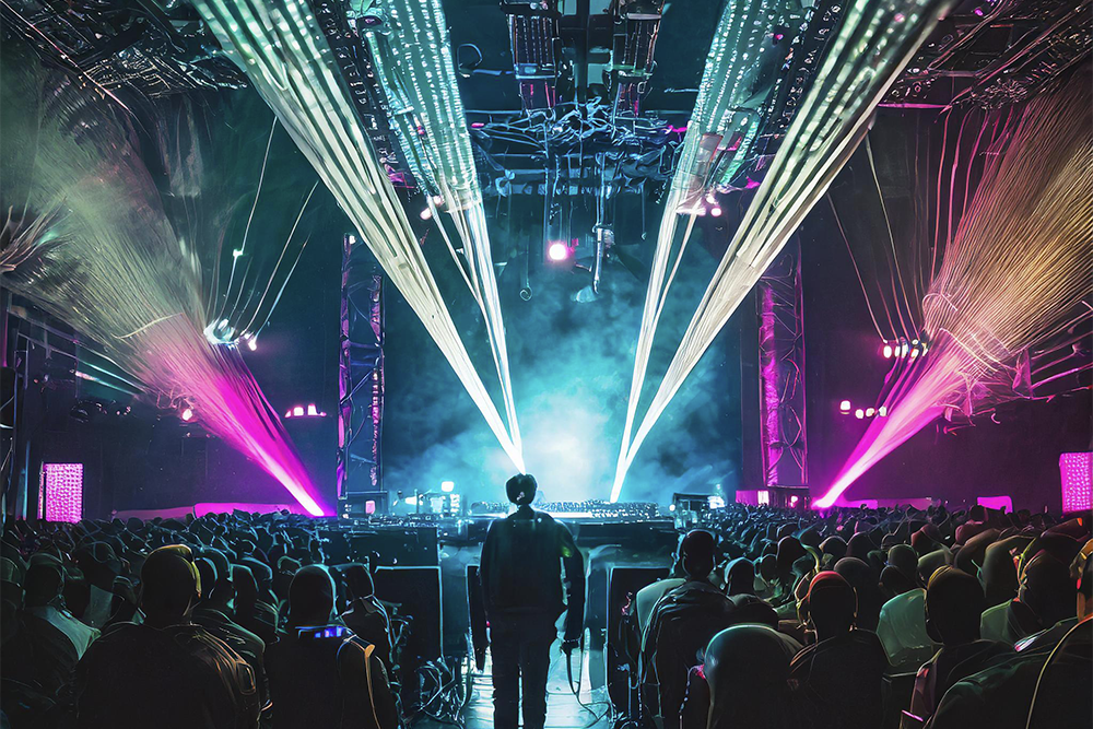 People watching a concert. Photo with a purple hue